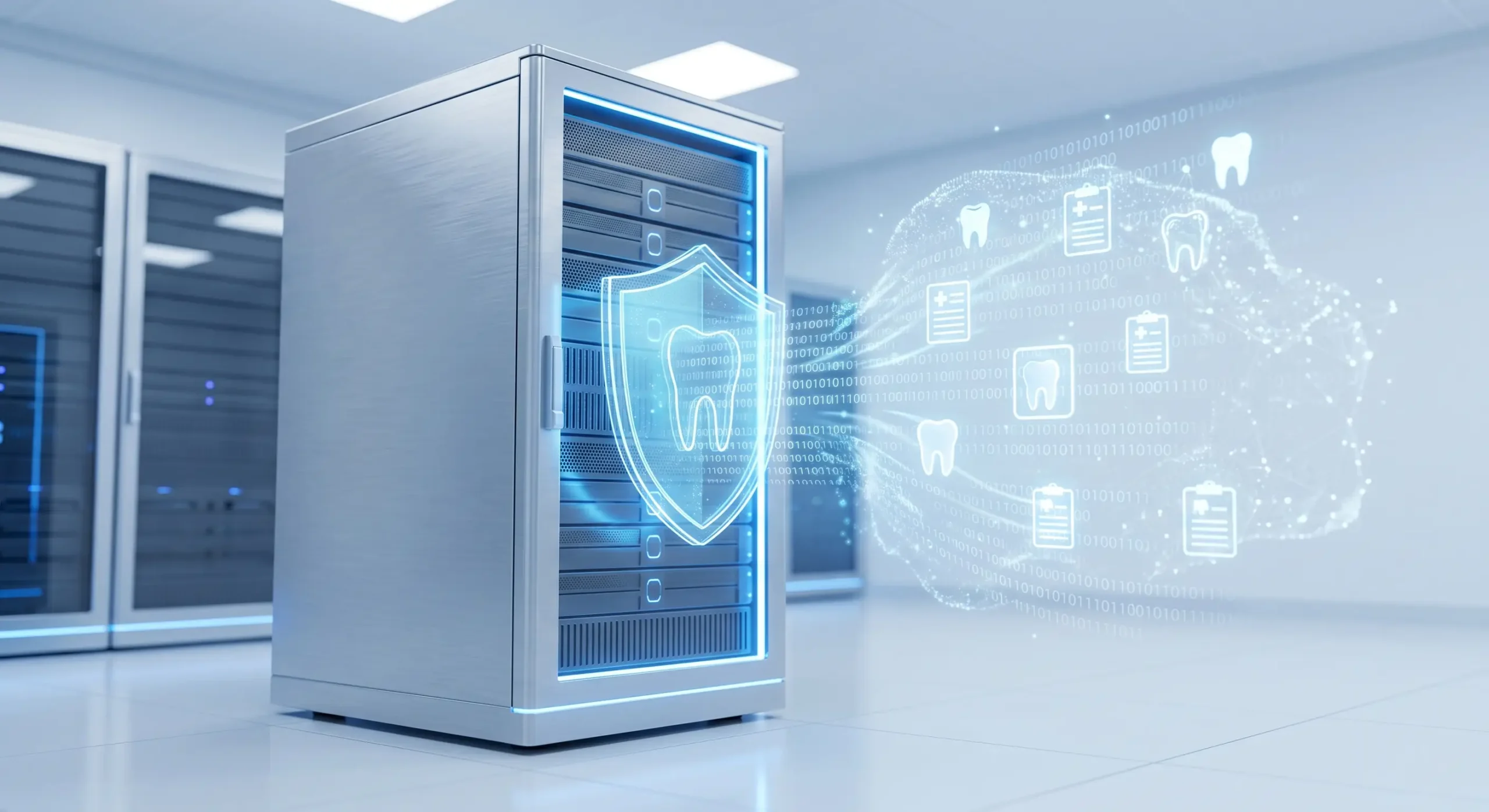 Server room with tooth and shield hologram symbolising cyber security for dentists