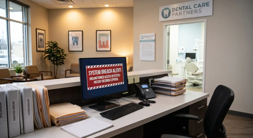 Dental practice reception with a computer showing a data breach