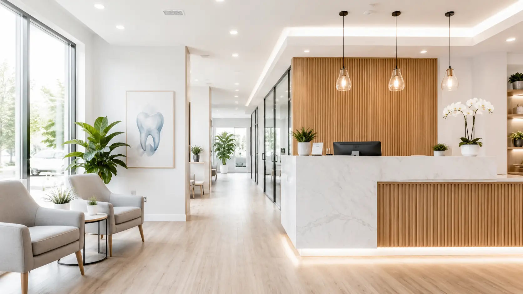 A wide shot of a brand-new, pristine dental clinic reception area, symbolising a fresh start and a new business venture.